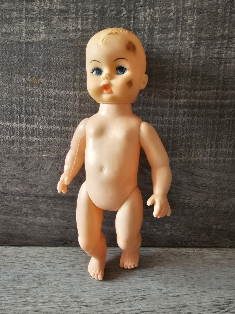 Vintage Plastic Baby Doll Blue Eyes 8" Molded Hair Hong Kong